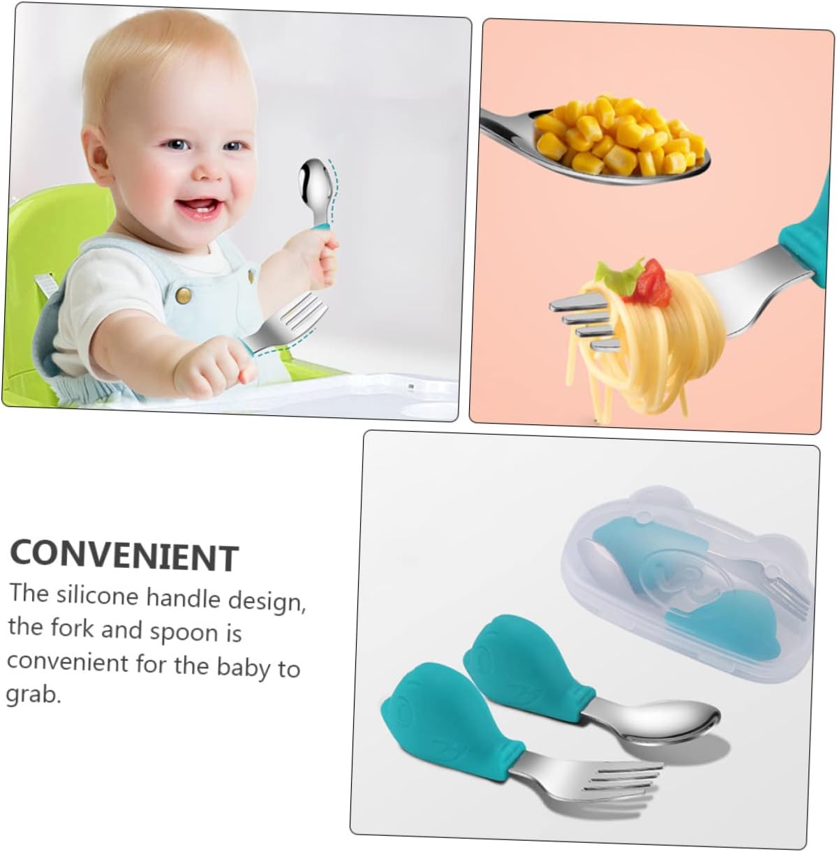 Hoement 2pcs Utensils Set Handle Fork and Spoon for Babies