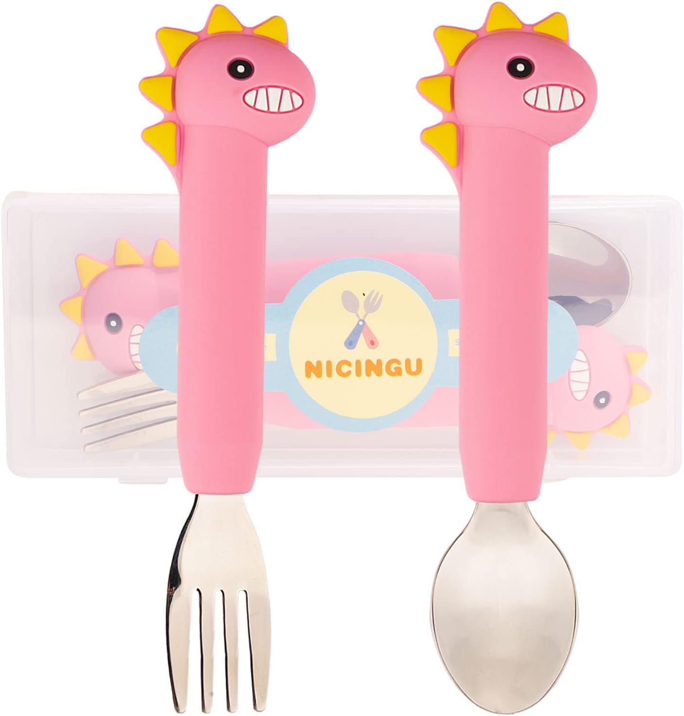 NICINGU Dinosaur Toddler Spoons Forks Set - Pink