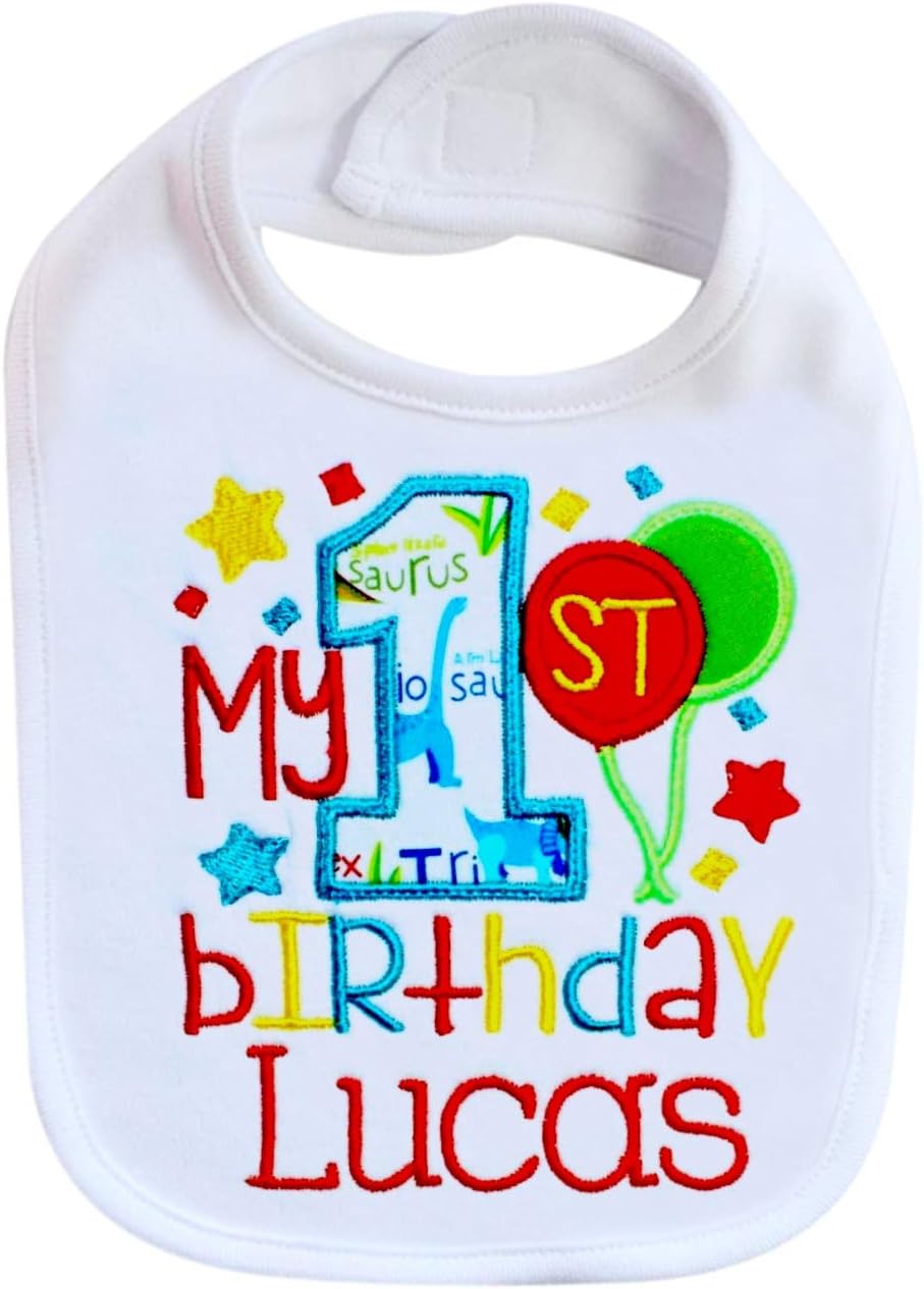 First Birthday Boy Bib White Bib with Turquoise Dino Embroidery