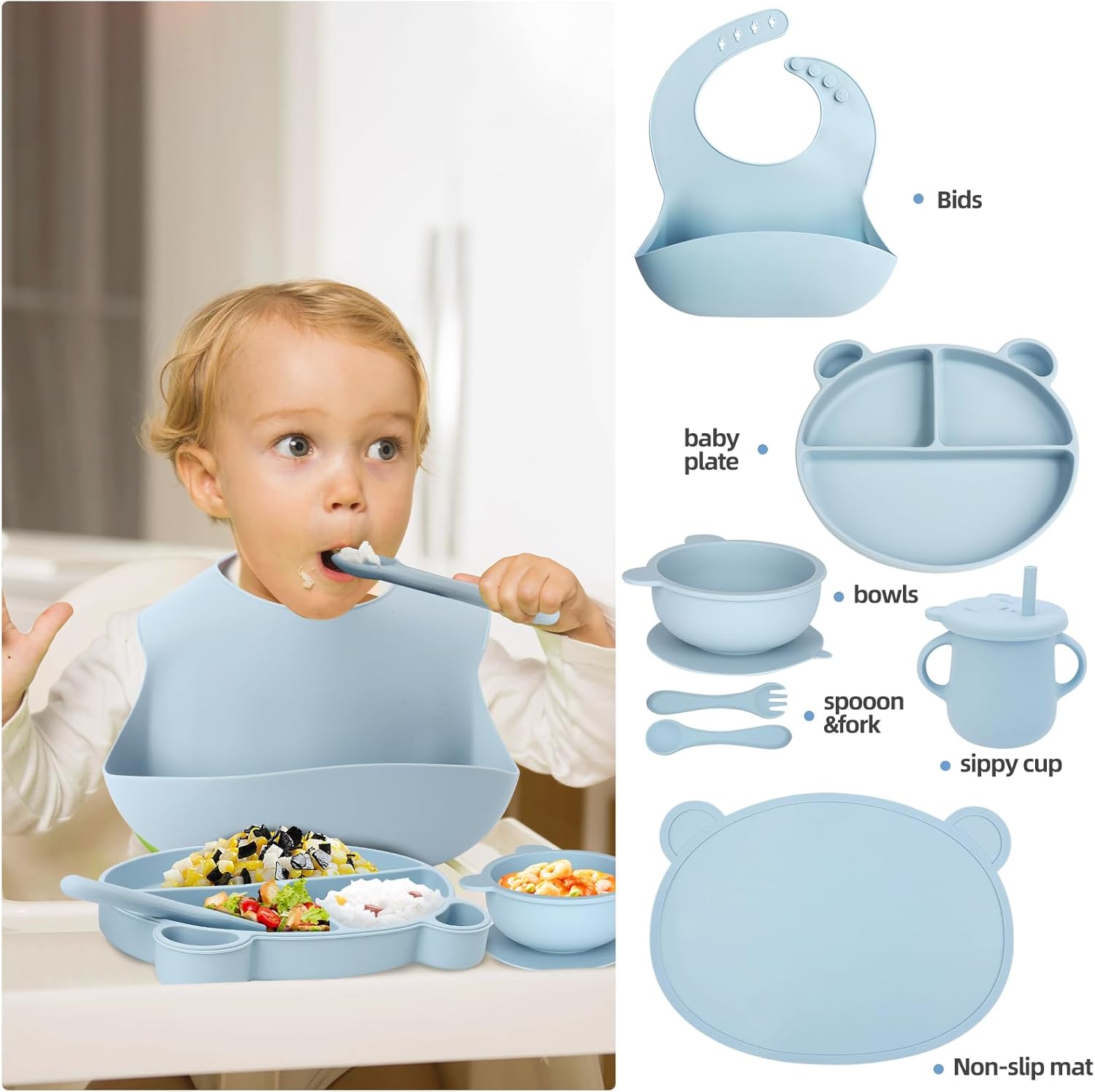 OPIUTA Silicone Baby Led Weaning Set - 7 Piece Blue