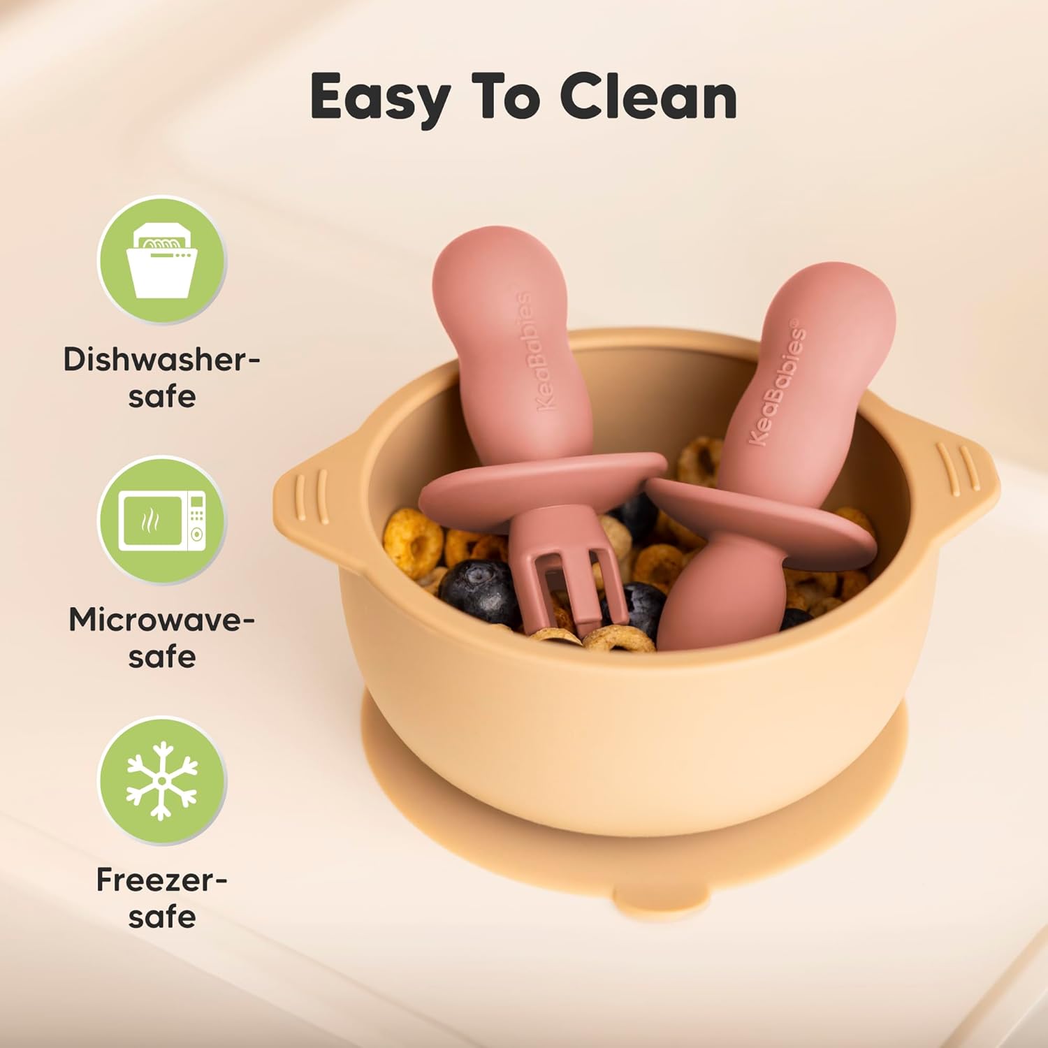 KeaBabies 4-Pack Silicone Spoons Forks Set with 2-Pack Suction Bowls