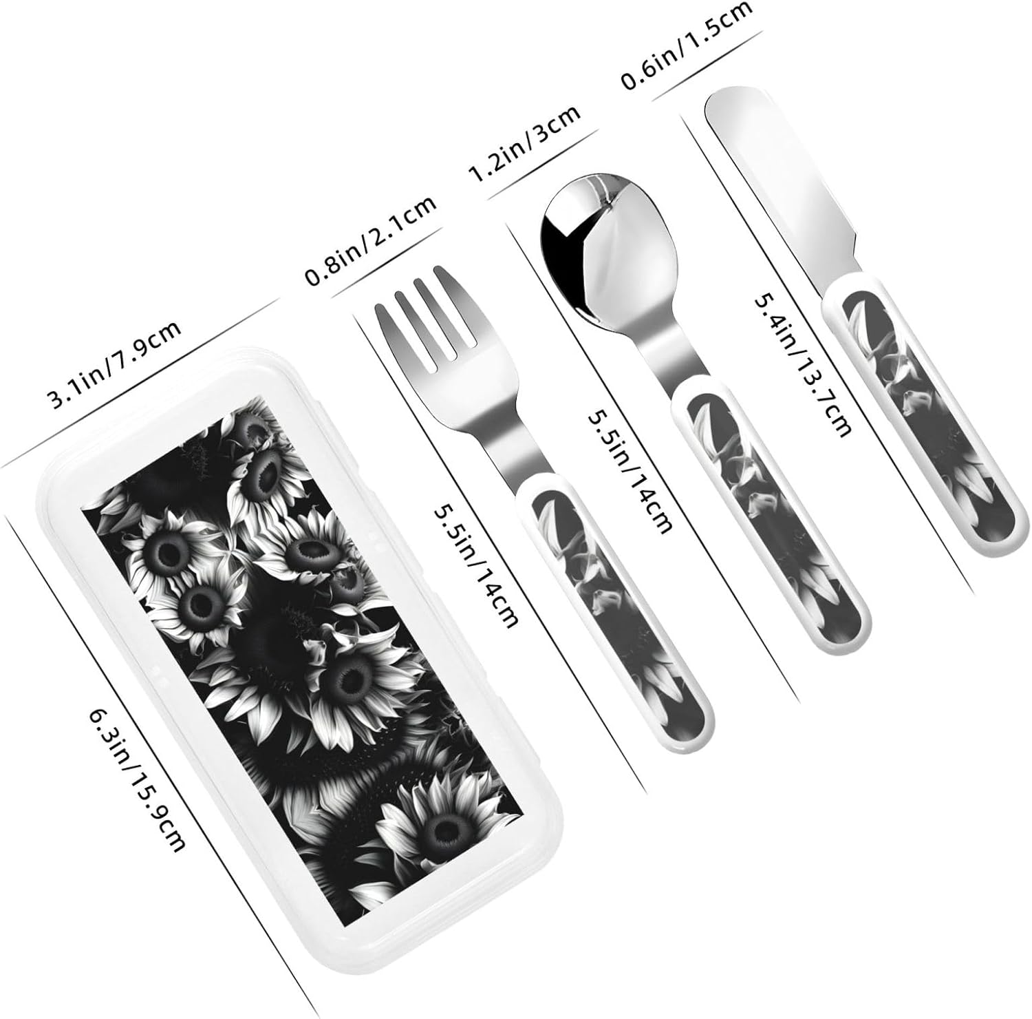 Black and White Sunflowers Print Flatware Set with Travel Case
