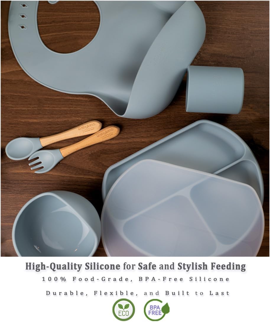 Silicone Baby Bowls and Spoons Set - 6 Piece Dusty Blue
