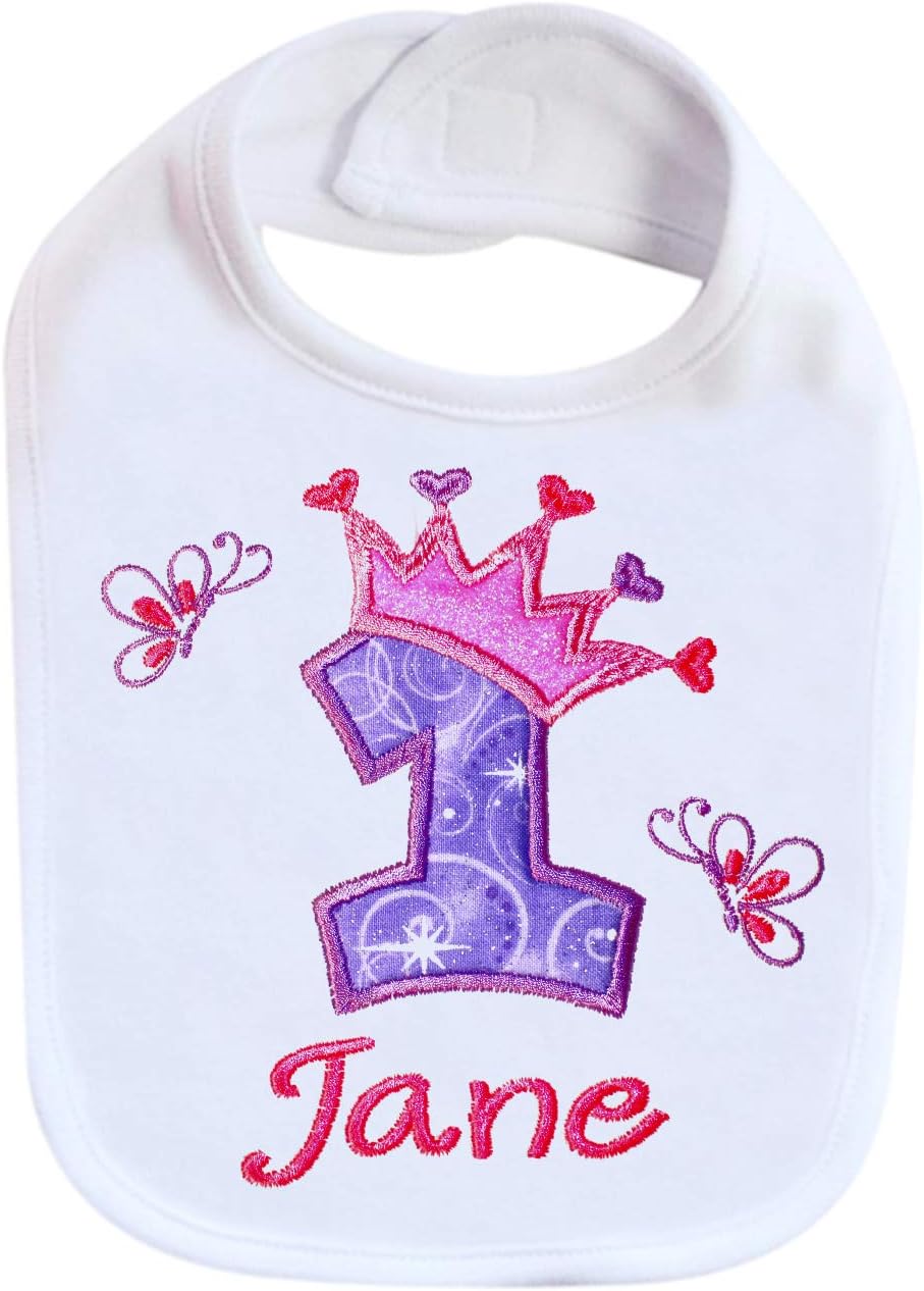 First Birthday Girl Bib with Custom Name Princess Crown 1