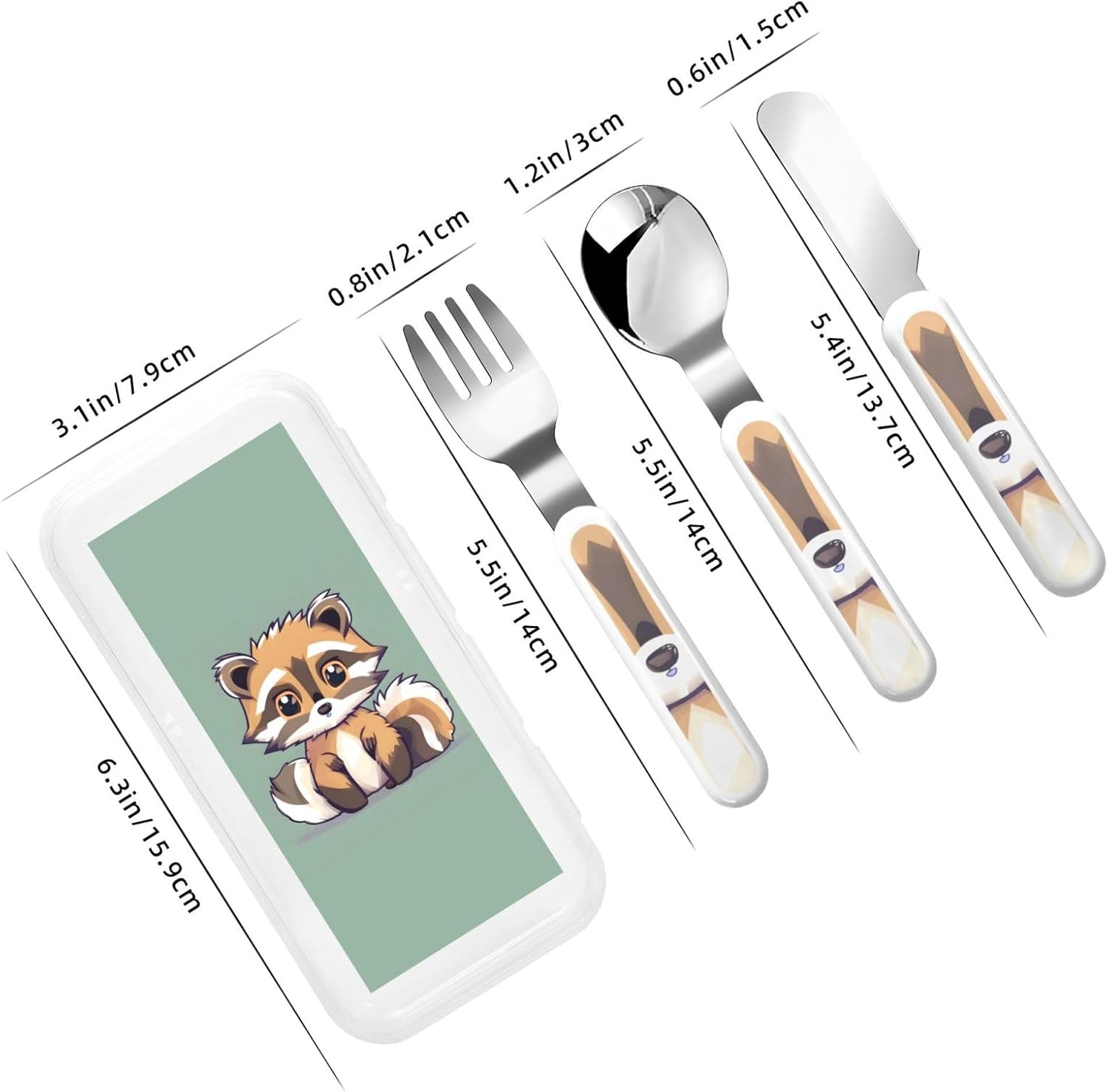 Cartoon Raccoon Print Stainless Steel Utensils Set with Travel Case