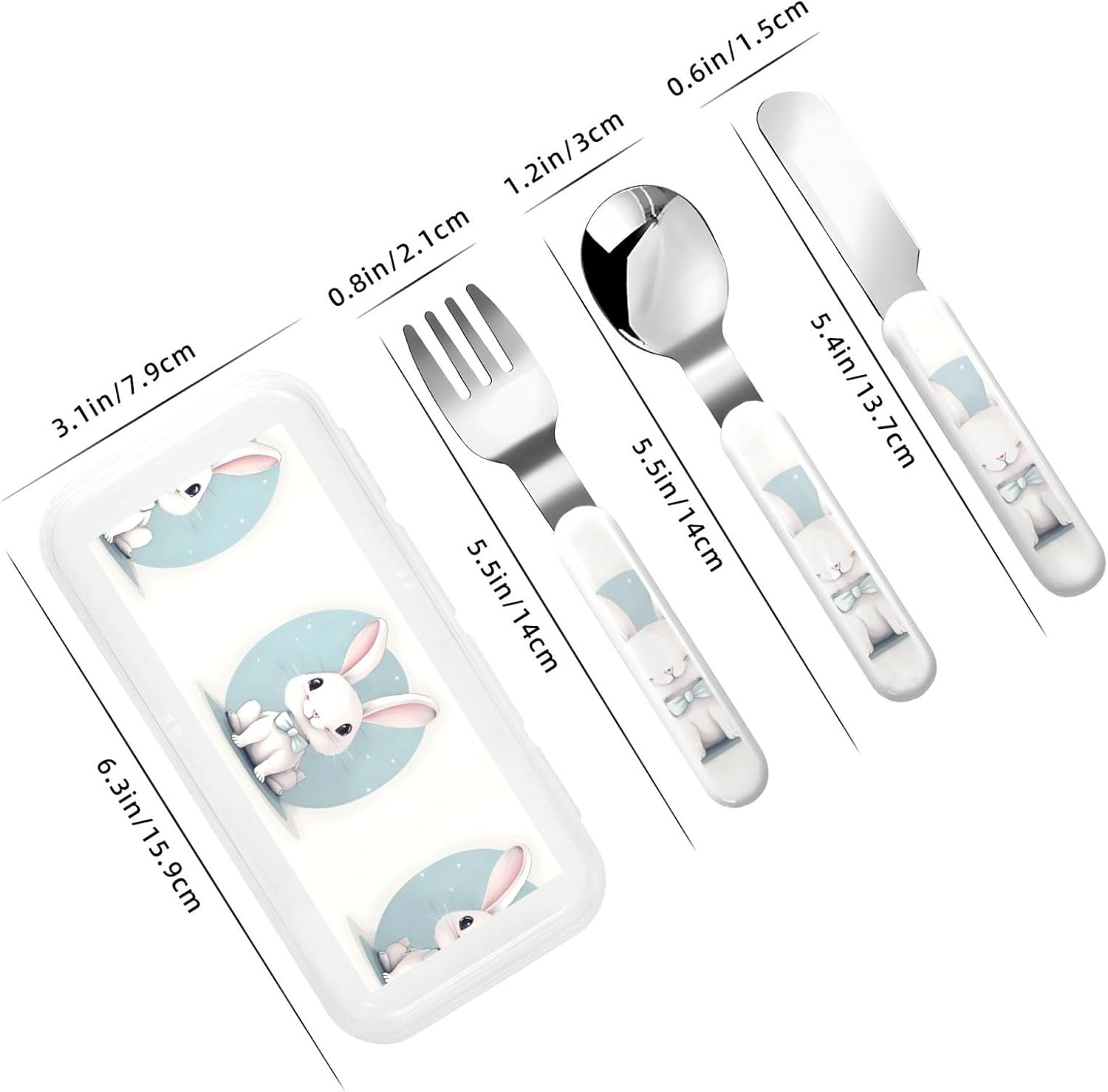 Cute White Rabbit Print Flatware Set with Travel Case
