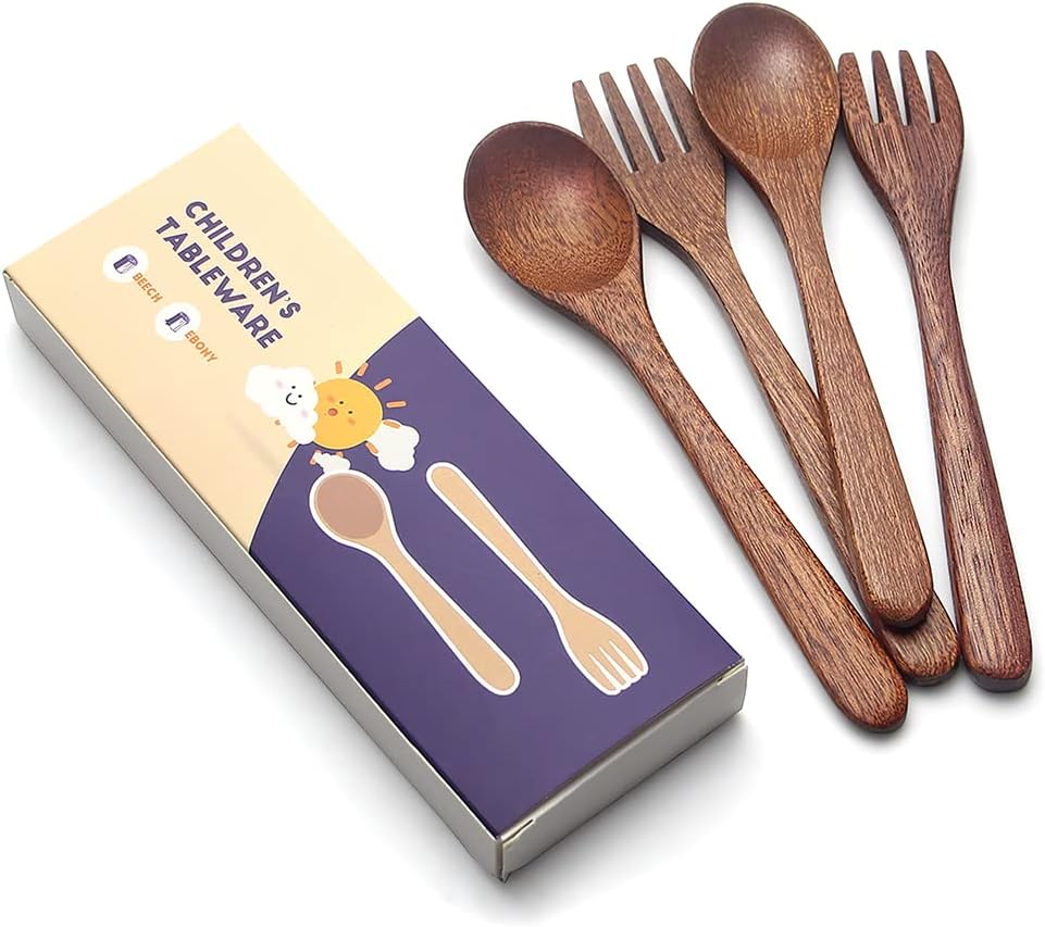 YFWOOD 4-Piece Natural Wooden Kids Utensils Set