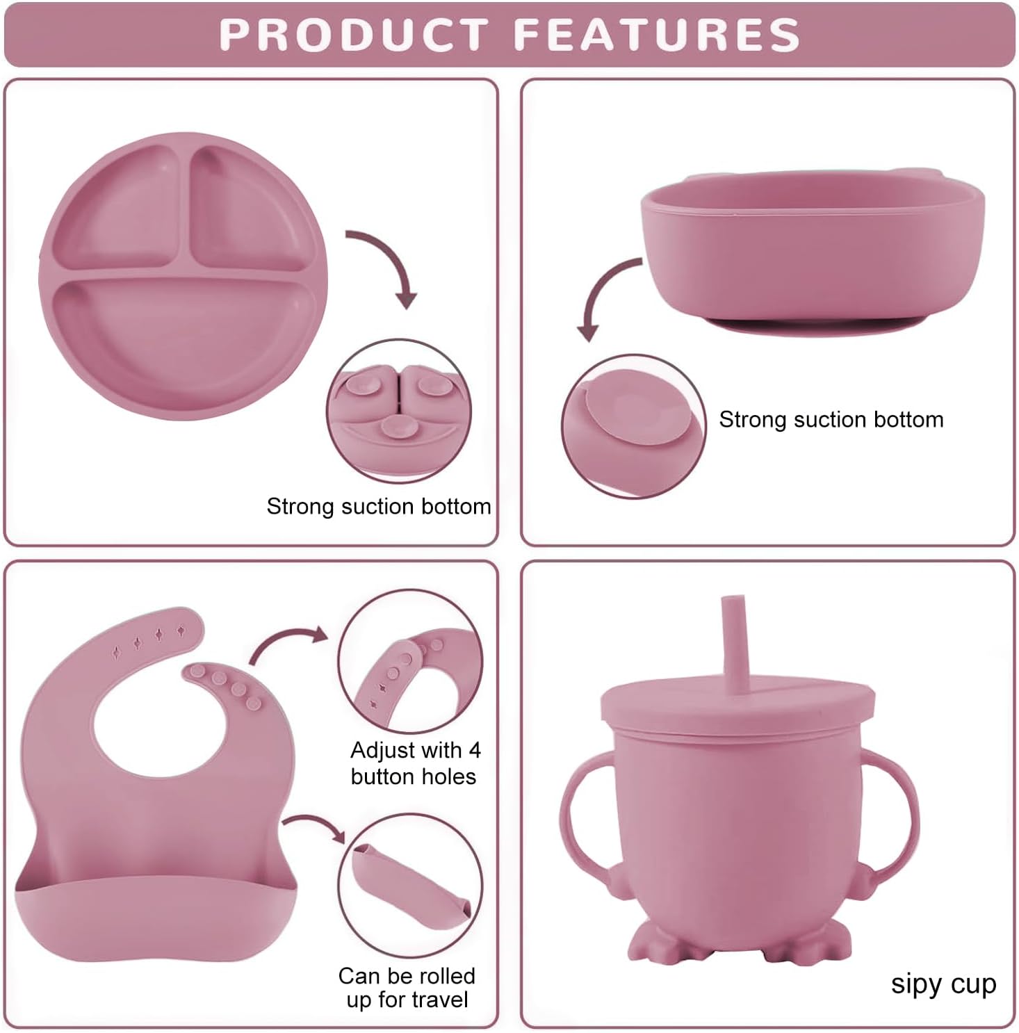 Mrkyy 8-Piece Silicone Baby Feeding Set for 6 Months Deep Pink