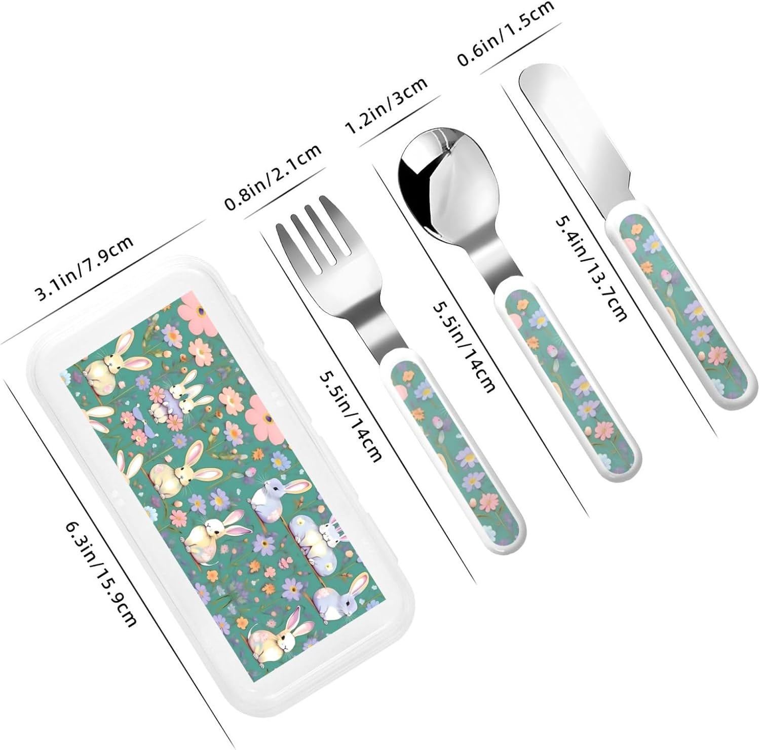 Flowers Bunnies Birds Print Stainless Steel Cutlery Set with Travel Case