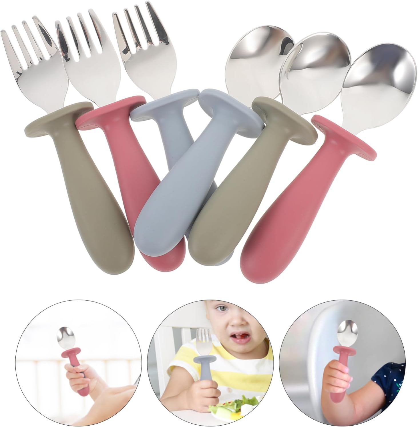 6Pcs 304 Stainless Steel Tableware Set with Handles for Easy Mealtime