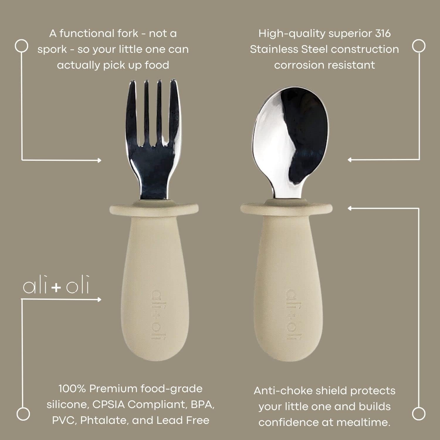 AliOli Toddler Spoon Fork Learning Set Khaki 6m