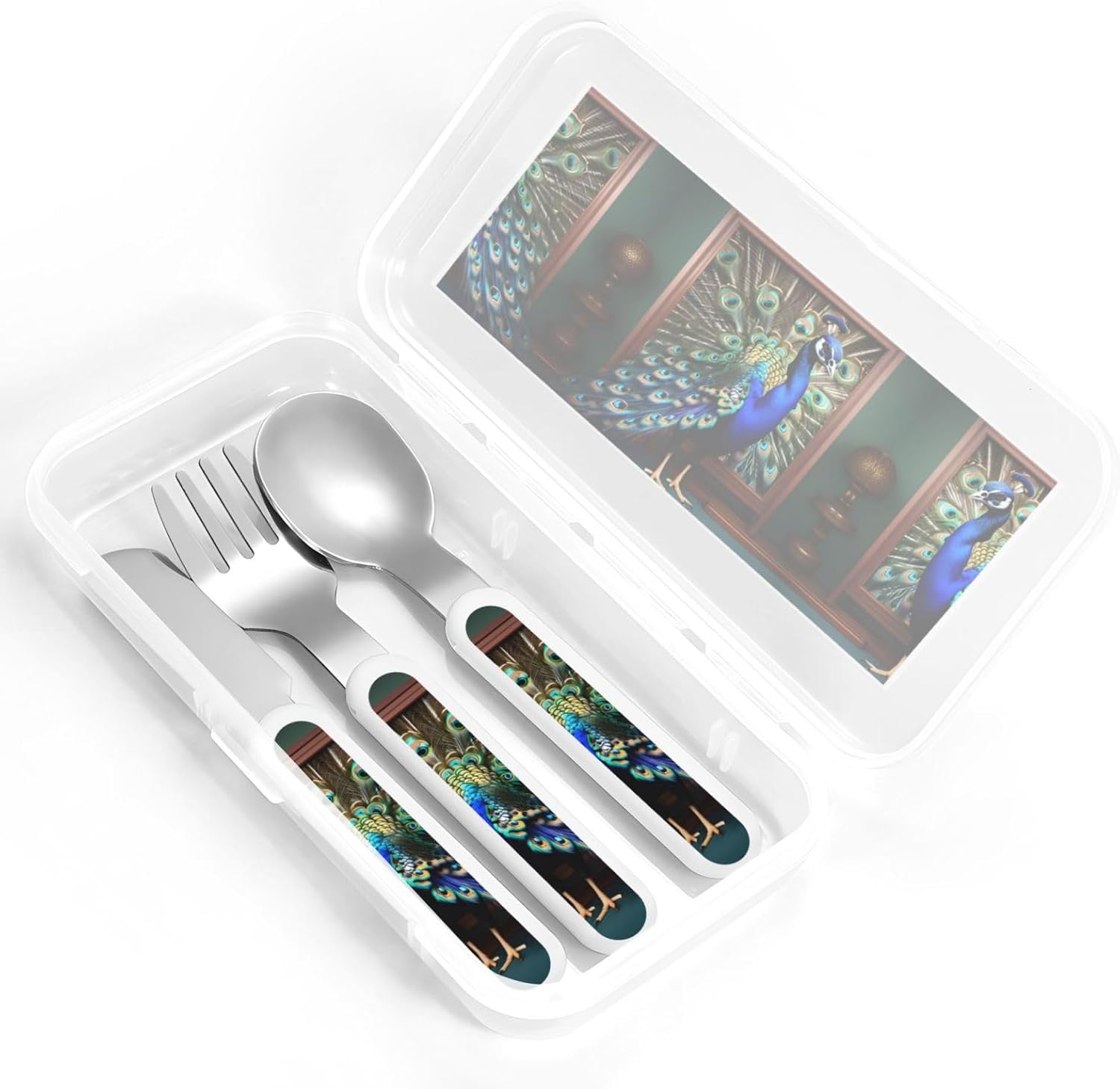 Beautiful Peacock Print Cutlery Set with Travel Case 1