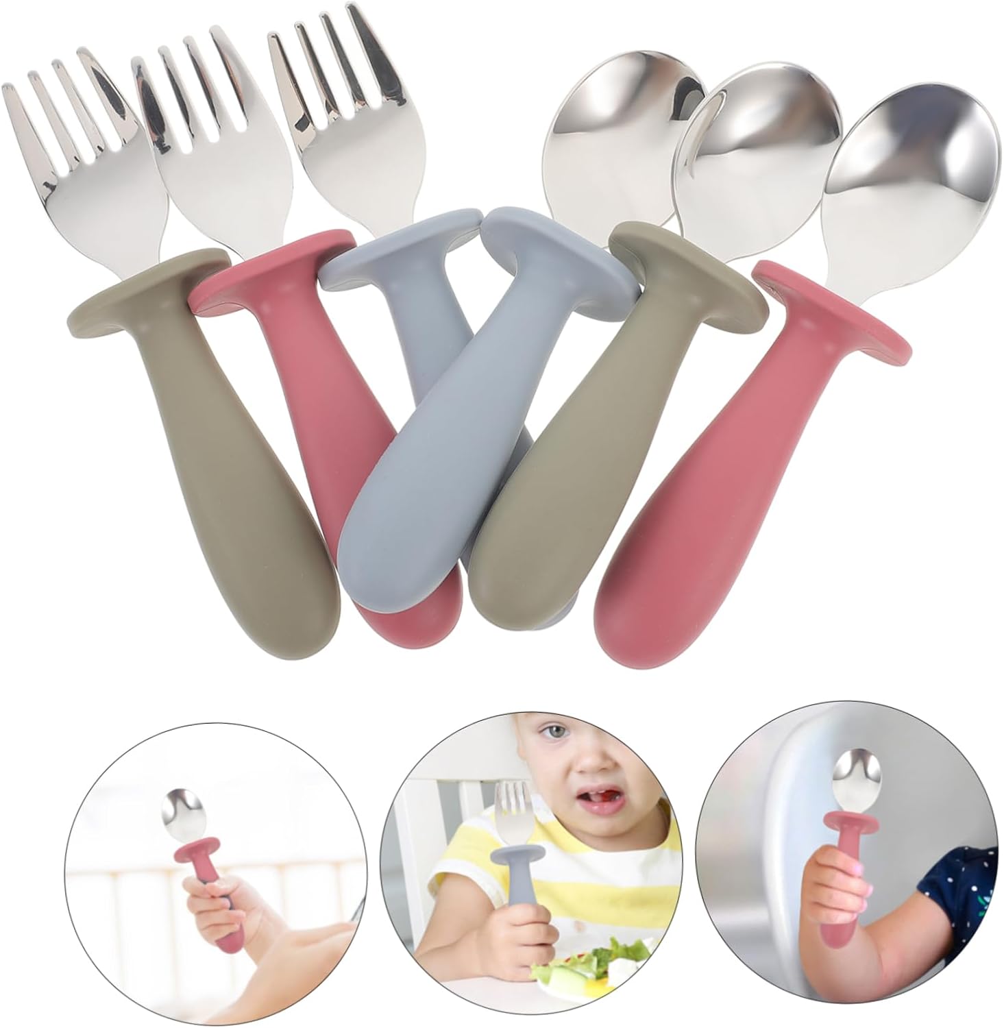 GRIRIW 6Pcs Handle Spoon and Fork Set for Babies