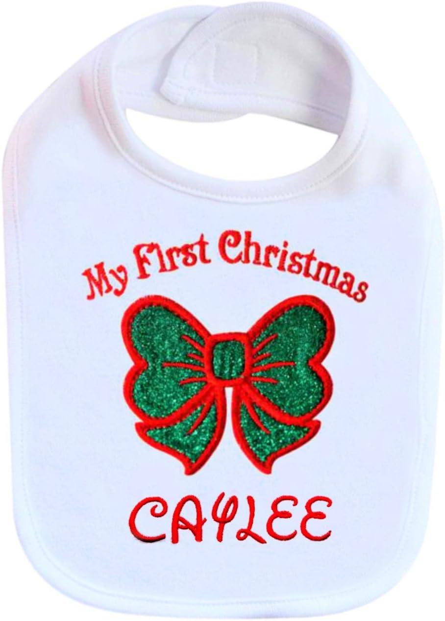 Christmas Baby Girl Bib with Glitter Bow and Custom Name