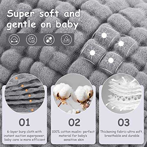Looxii Muslin Burp Cloths 6 Pack Grey 20x10 Inch