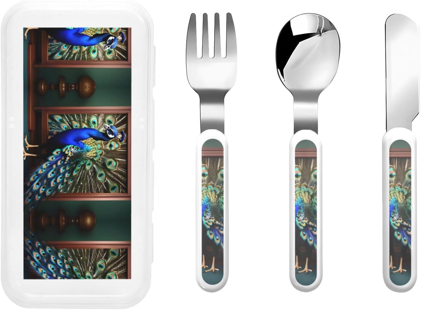 Beautiful Peacock Print Cutlery Set with Travel Case 1