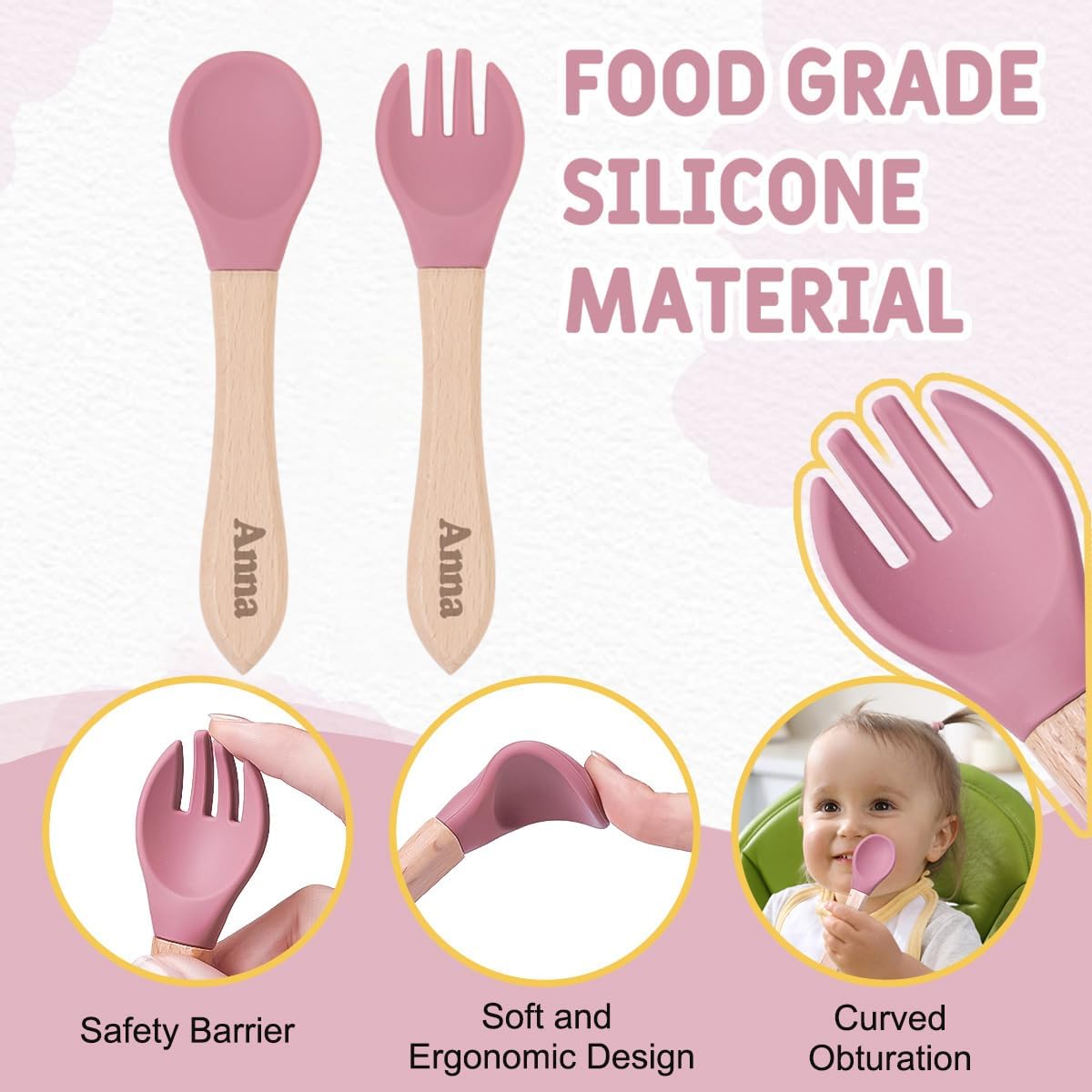 TYRYHU Personalized Silicone Baby Feeding Set with Name Pink