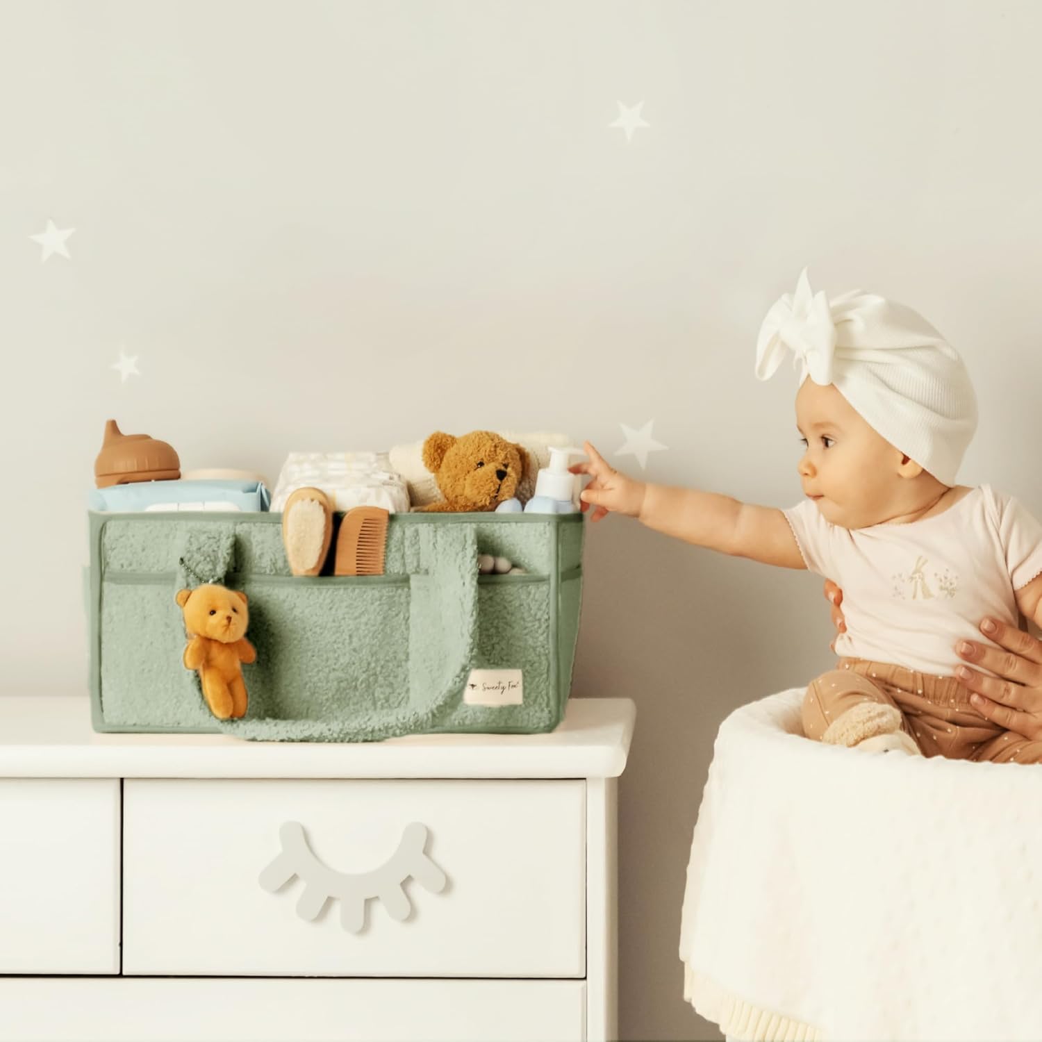 Sweety Fox Baby Diaper Caddy Organizer with Handle - Portable Sherpa Basket - Green
