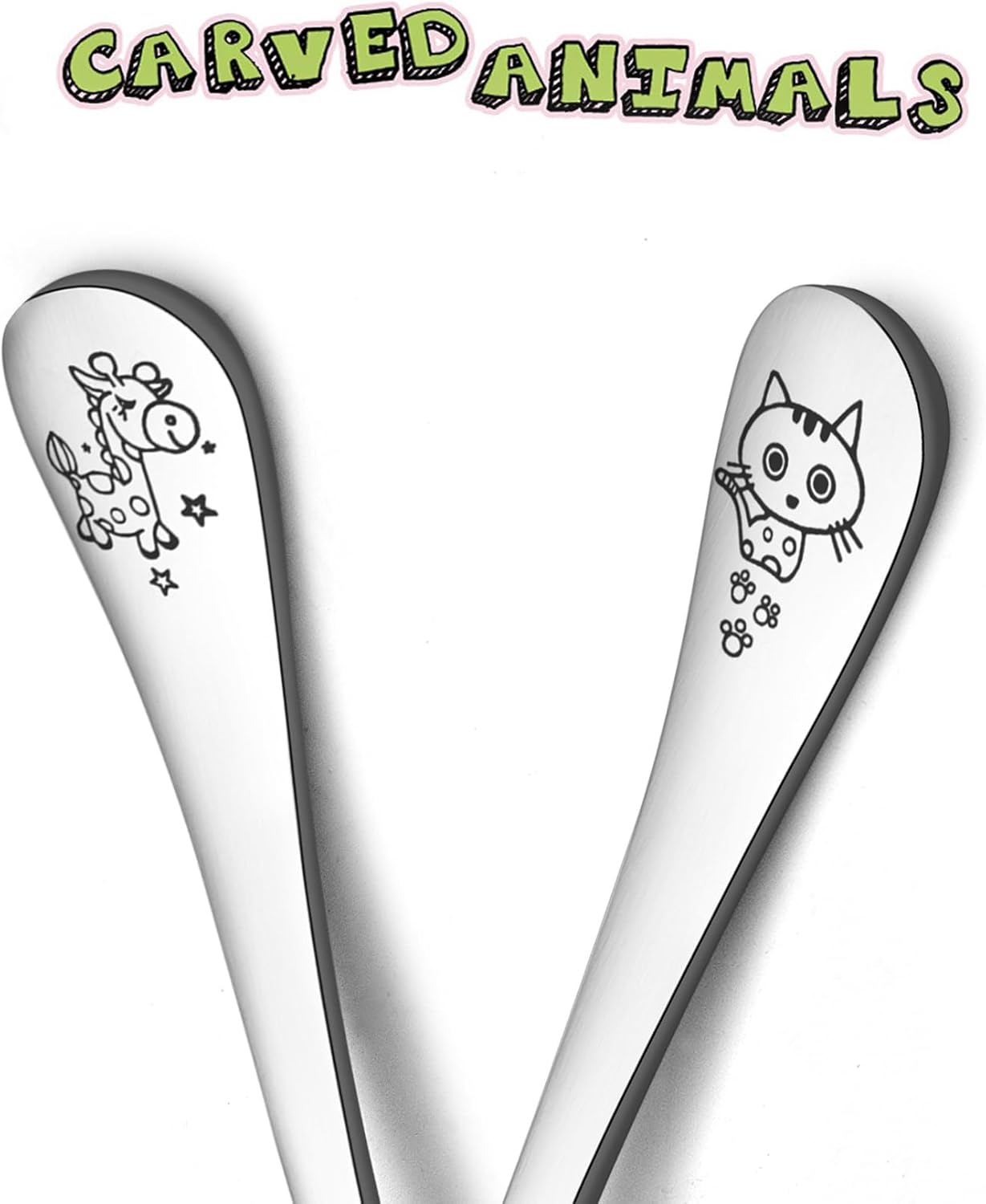 TeamFar Toddler Flatware Set 4PCS Stainless Steel Carved Animal Handles