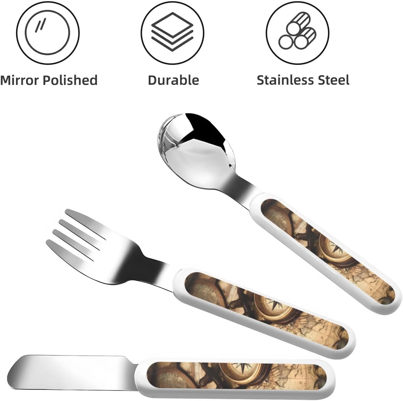 Compass Map Print Stainless Steel Utensils Set with Travel Case