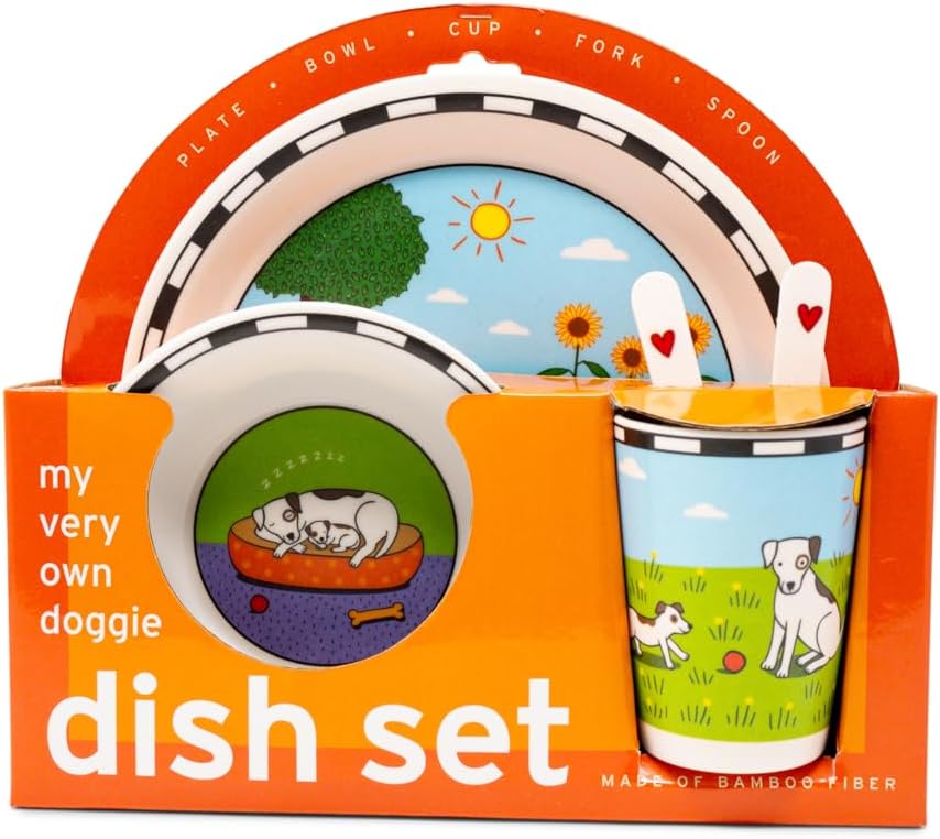 Dog Bamboo Dish Set by Jack Rabbit Creations 5 Piece Kids Tableware Set