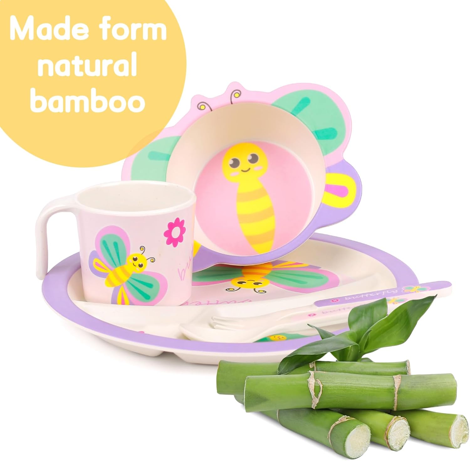Butterfly Kids Dinnerware Set 5 Pieces Non-BPA Bamboo Fiber