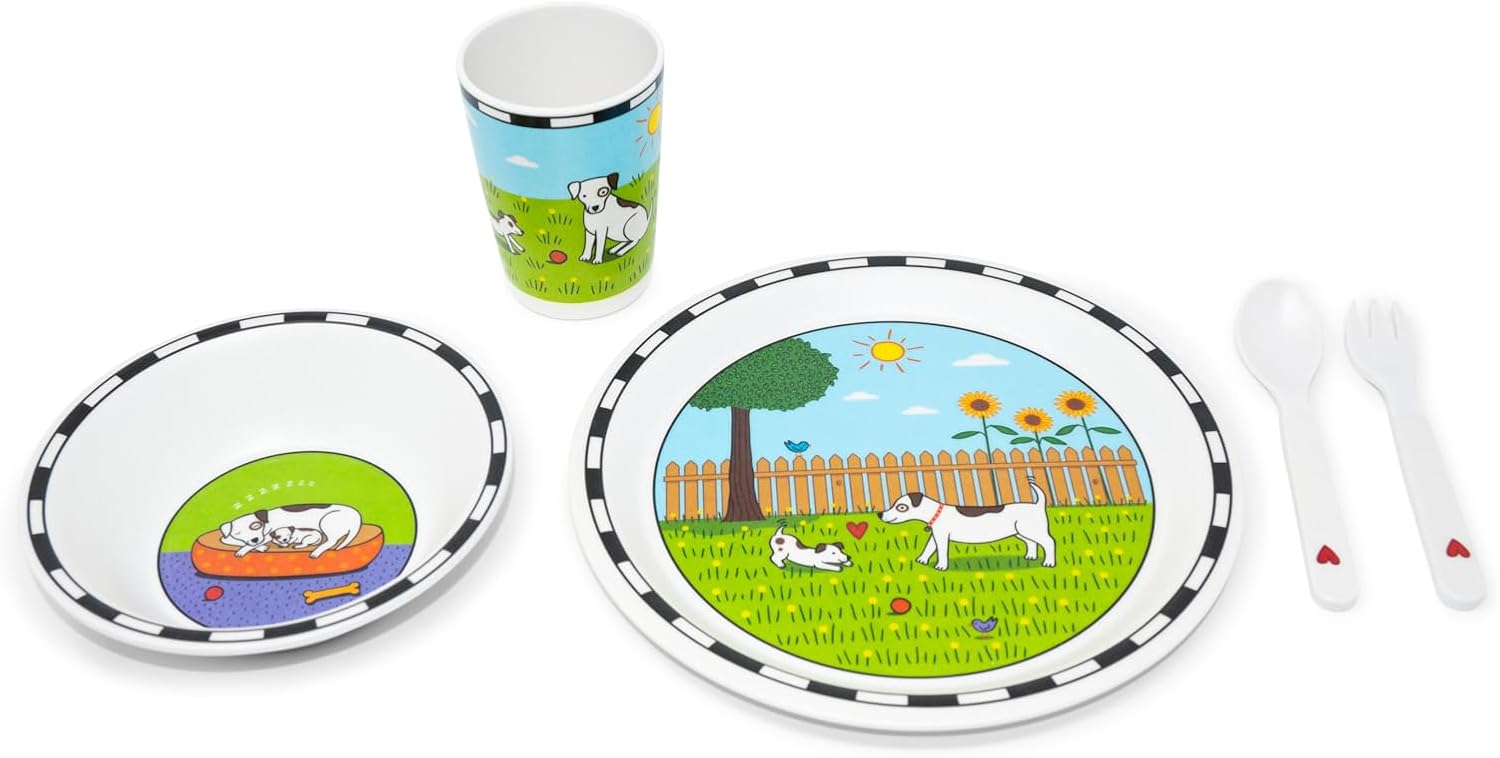 Dog Bamboo Dish Set by Jack Rabbit Creations 5 Piece Kids Tableware Set