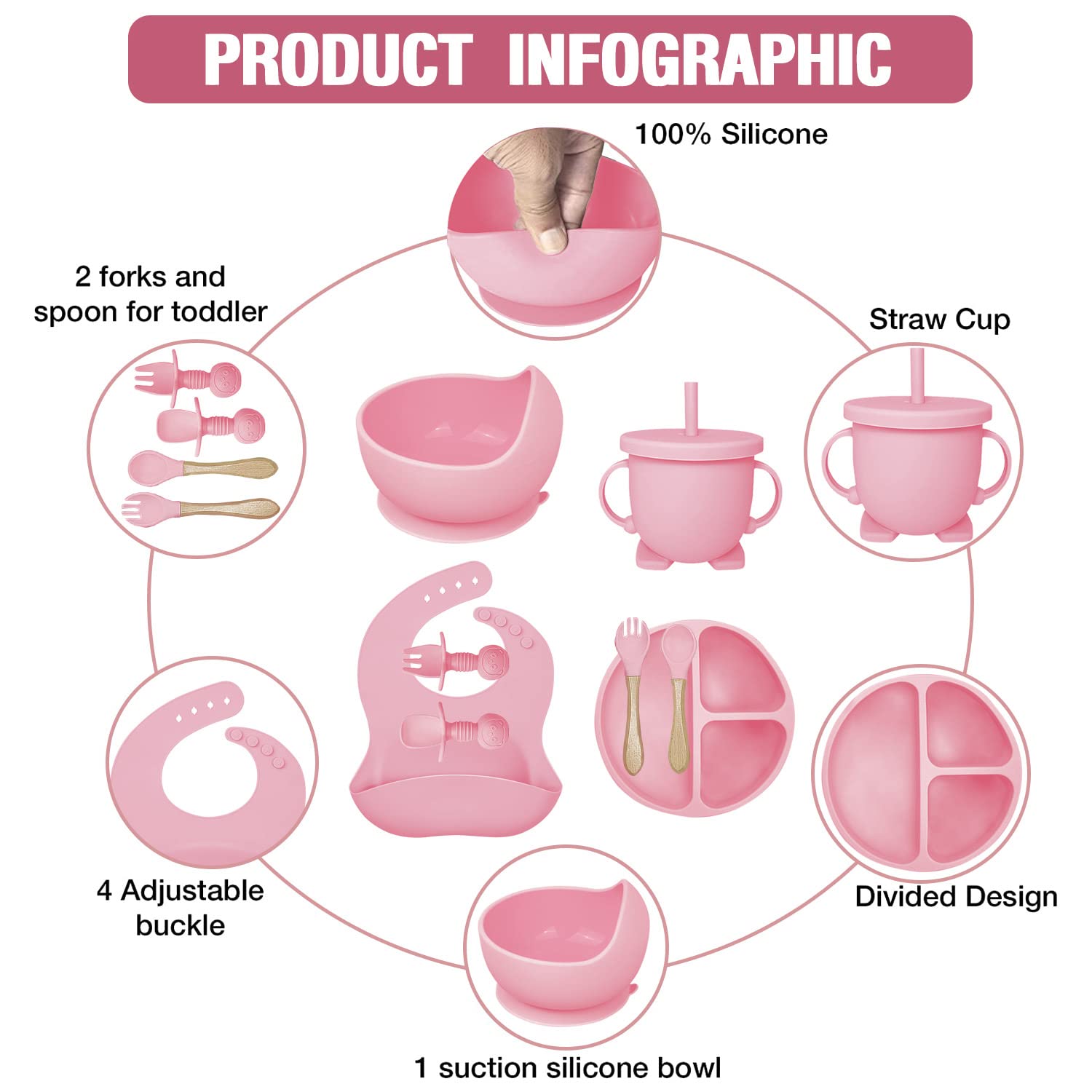 Mrkyy Silicone Baby Feeding Set 8 Piece - Pink 1