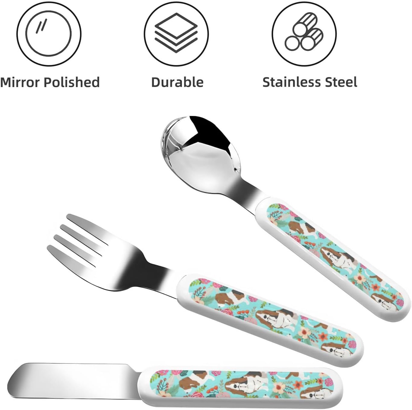 Sweet Basset Hound Florals Print Silverware Set with Travel Case