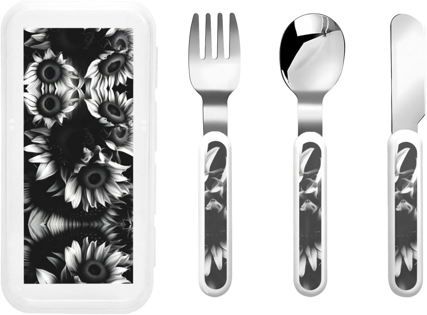 Black and White Sunflowers Print Flatware Set with Travel Case