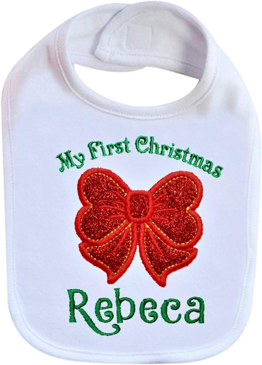 Christmas Baby Girl Bib with Glitter Bow and Custom Name