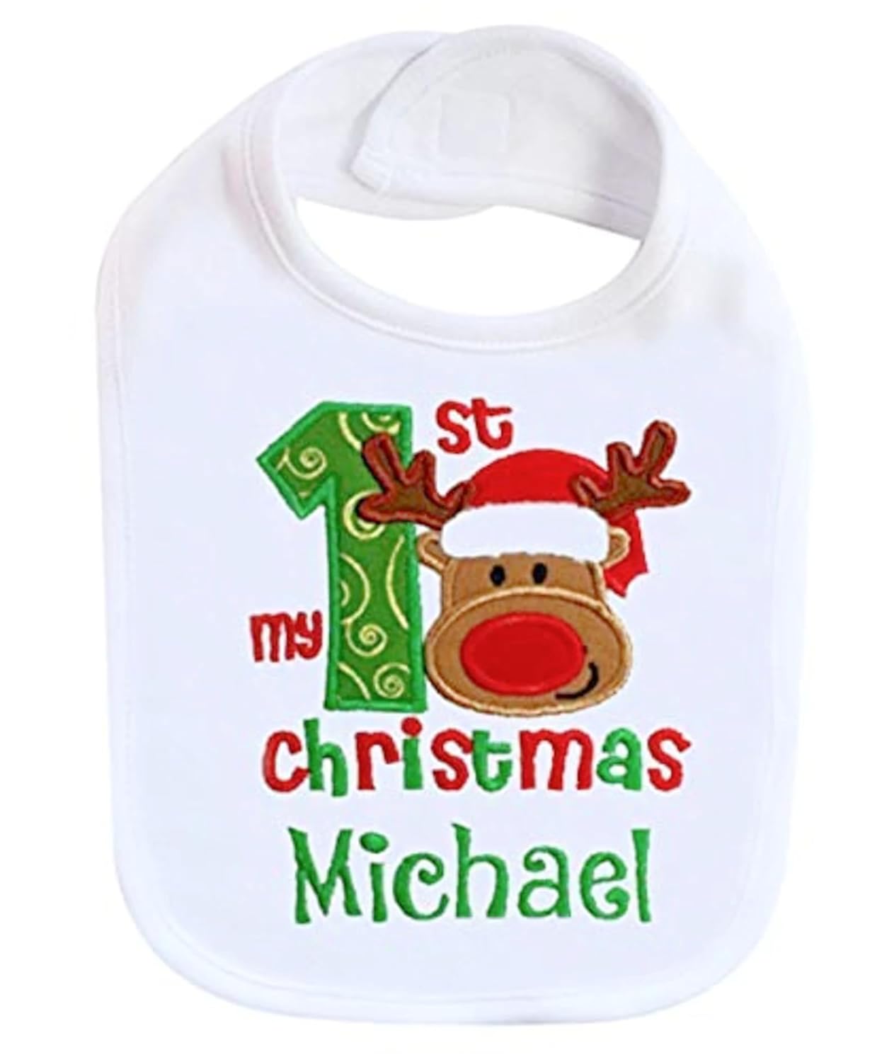 Handmade First Christmas Bib with Reindeer and Custom Name