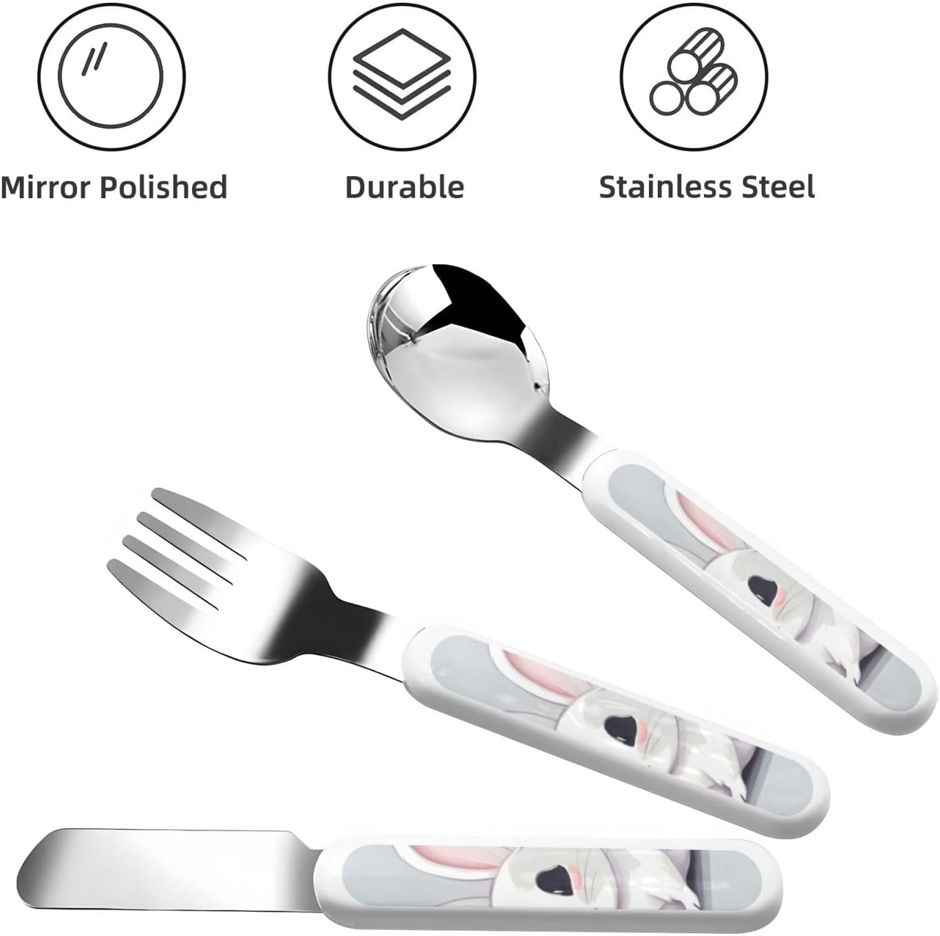 Cute White Rabbit Print Flatware Set with Travel Case 1