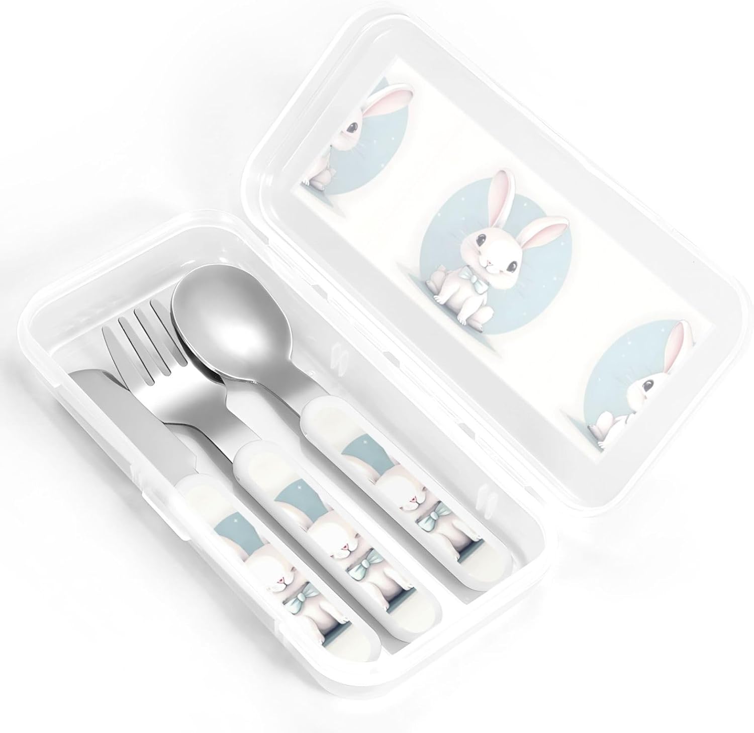 Cute White Rabbit Print Flatware Set with Travel Case