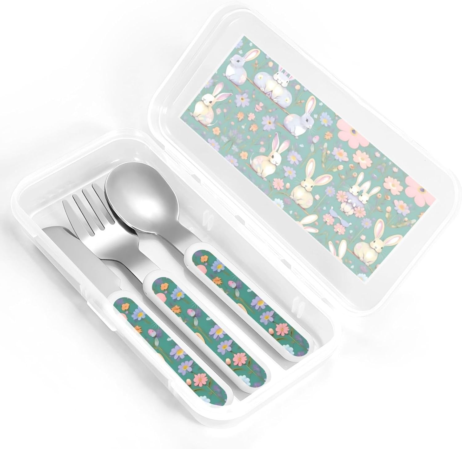 Flowers Bunnies Birds Print Stainless Steel Cutlery Set with Travel Case