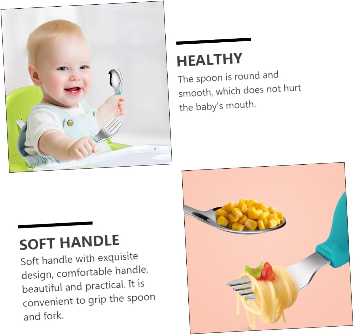 Hoement 2pcs Utensils Set Handle Fork and Spoon for Babies