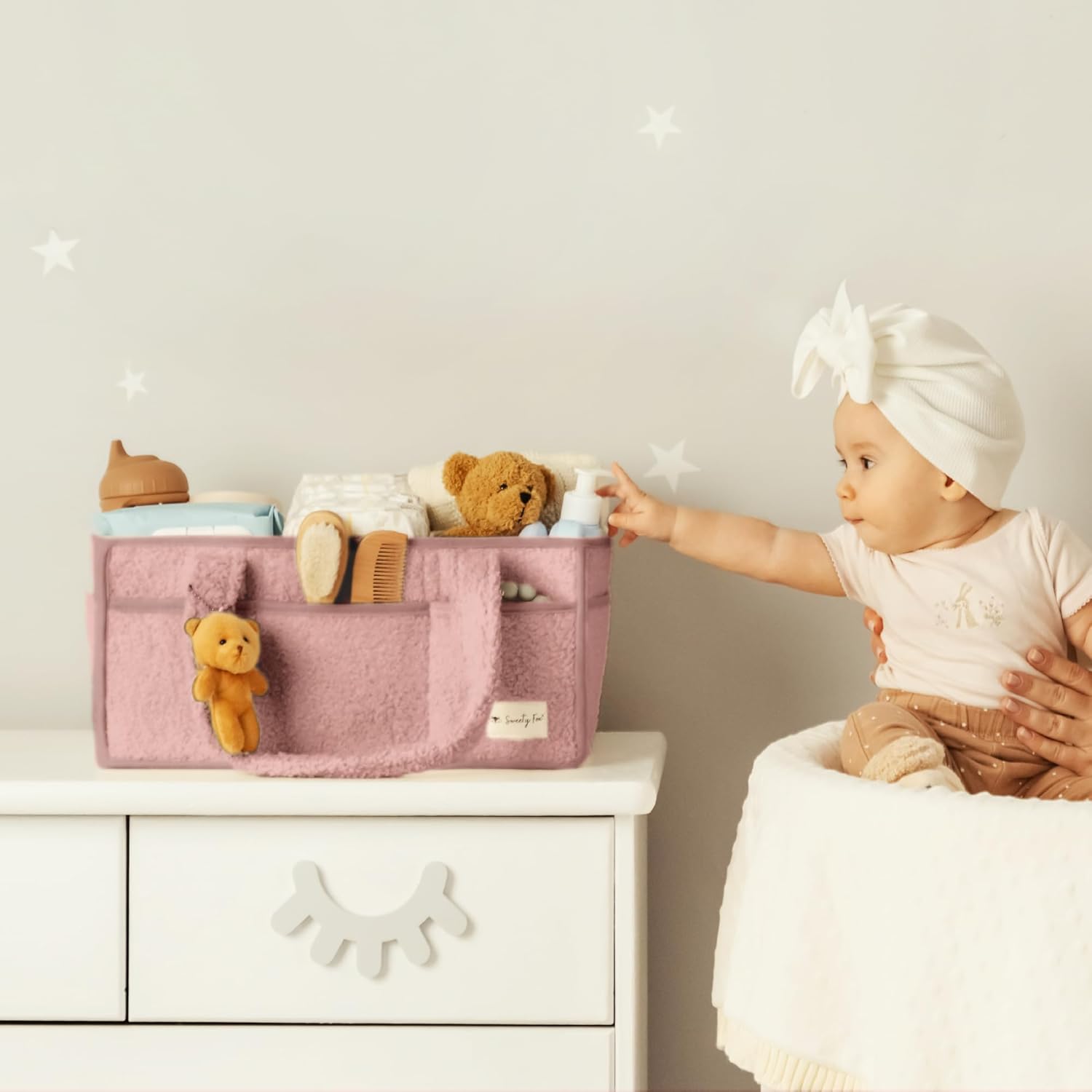 Sweety Fox Plush Sherpa Diaper Caddy Organizer with Handle - Pink