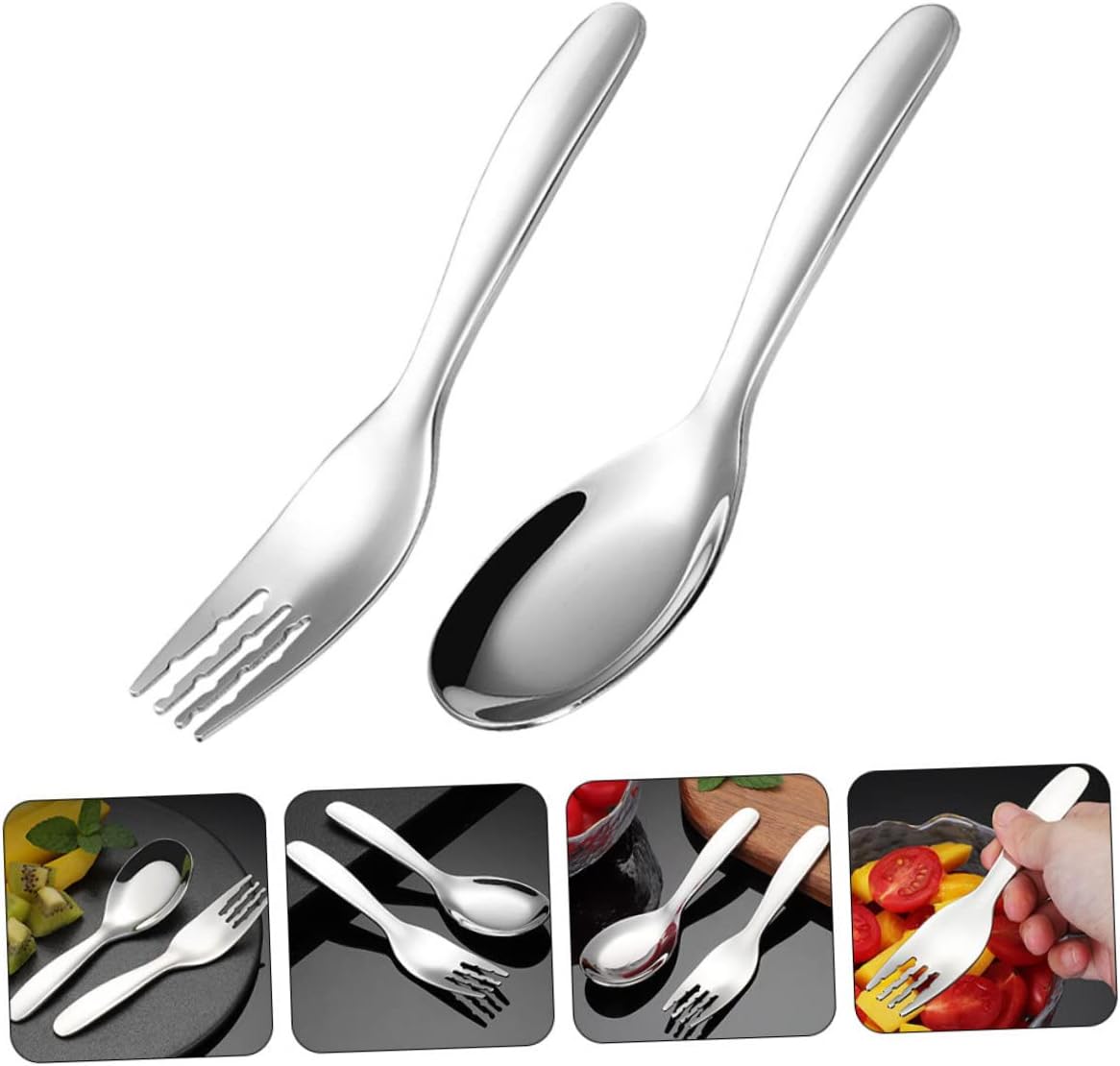 ORFOFE 2PCS Stainless Steel Spoon and Fork Set for Little Hands