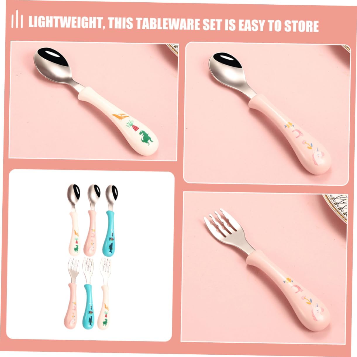 GLSTOY 3-Piece Cartoon Stainless Steel Fork Spoon Set