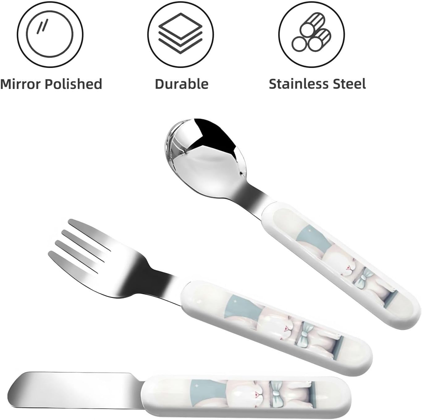 Cute White Rabbit Print Flatware Set with Travel Case