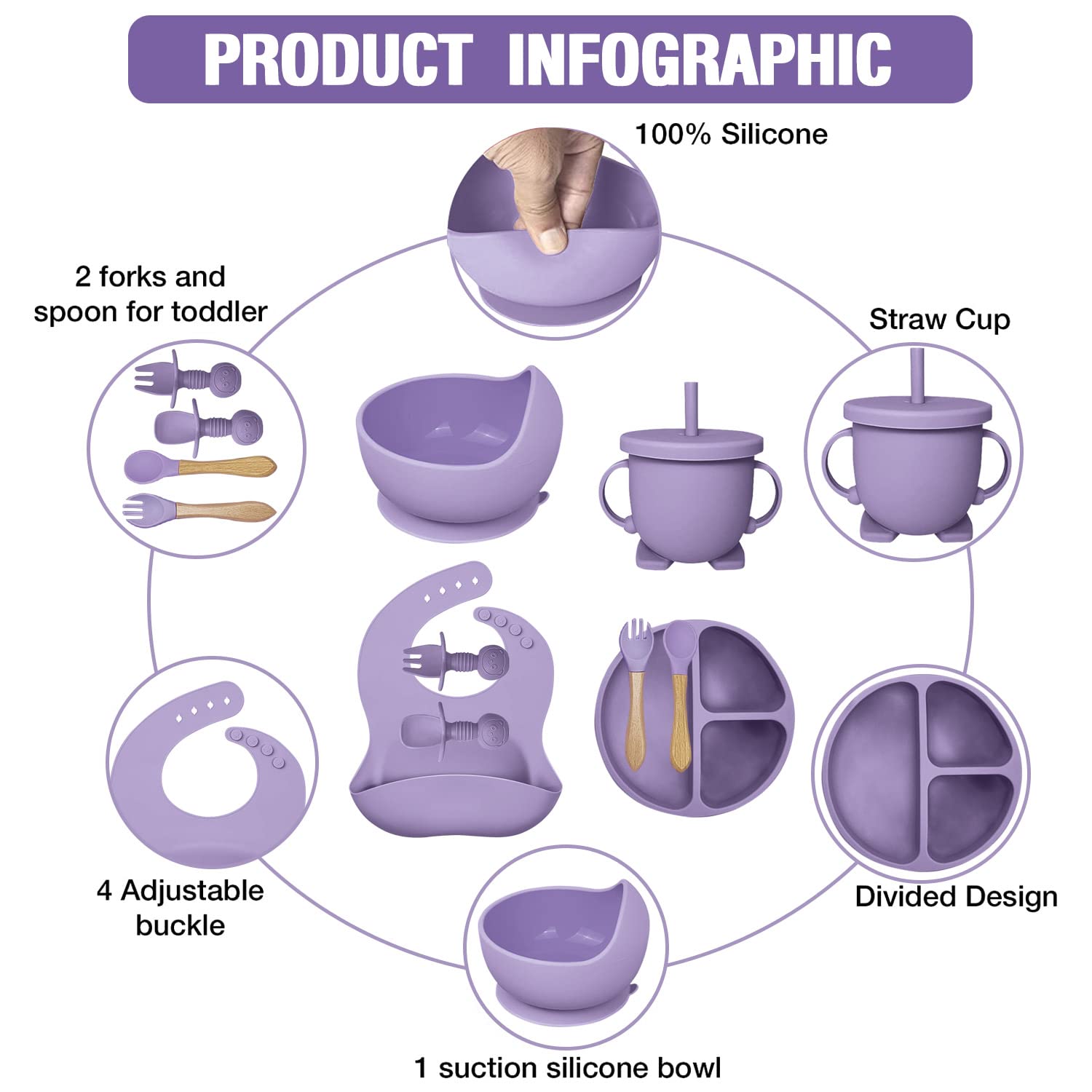 Mrkyy 8-Piece Baby Feeding Set - Purple 1
