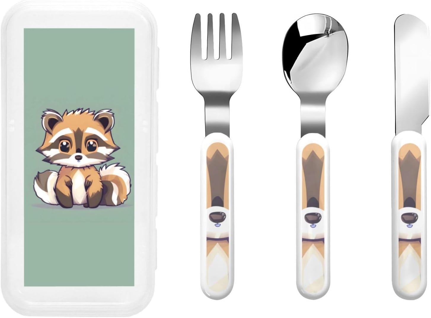 Cartoon Raccoon Print Stainless Steel Utensils Set with Travel Case