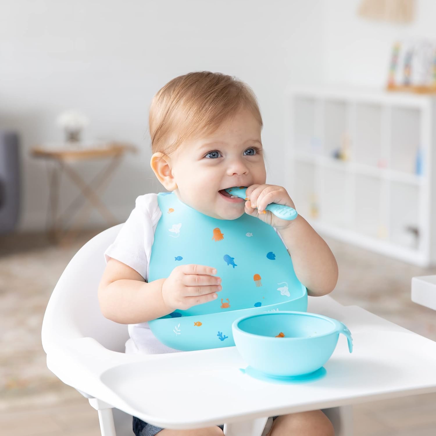 Bumkins Baby Bowl with Suction 4 Spoons and Lid - Blue