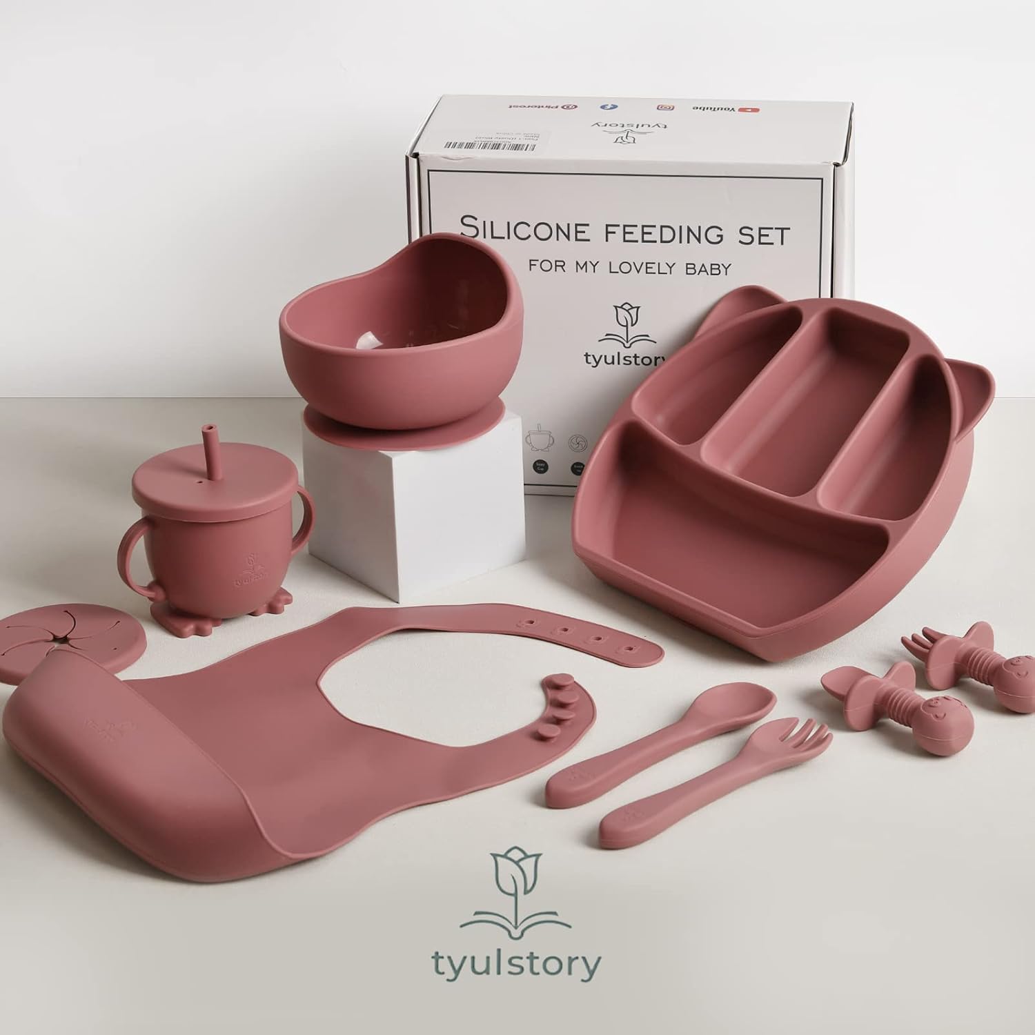 Tyulstory Pink Baby Feeding Set with Bib and Utensils 1