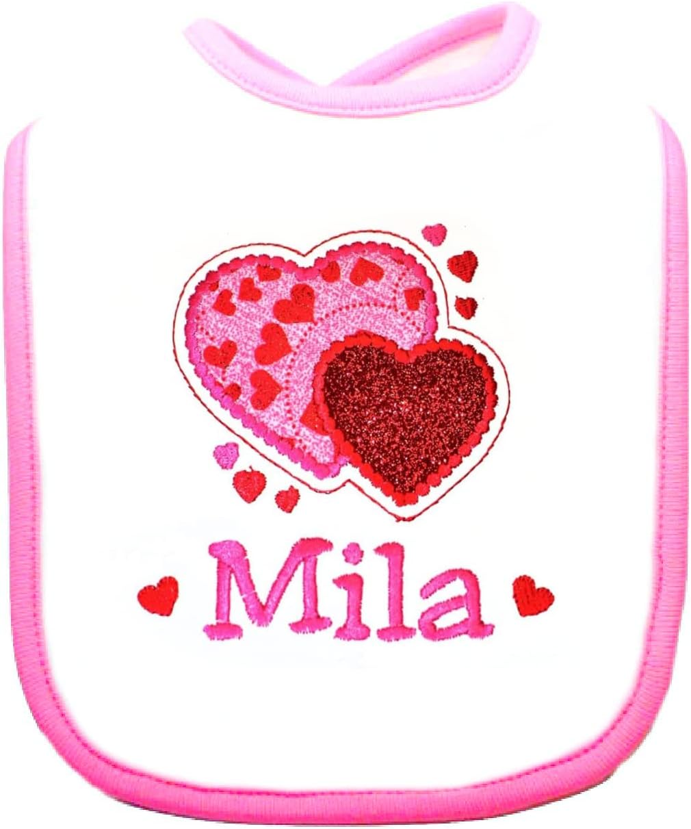 Valentines Day Baby Girl Bib with Sparkle Hearts and Name
