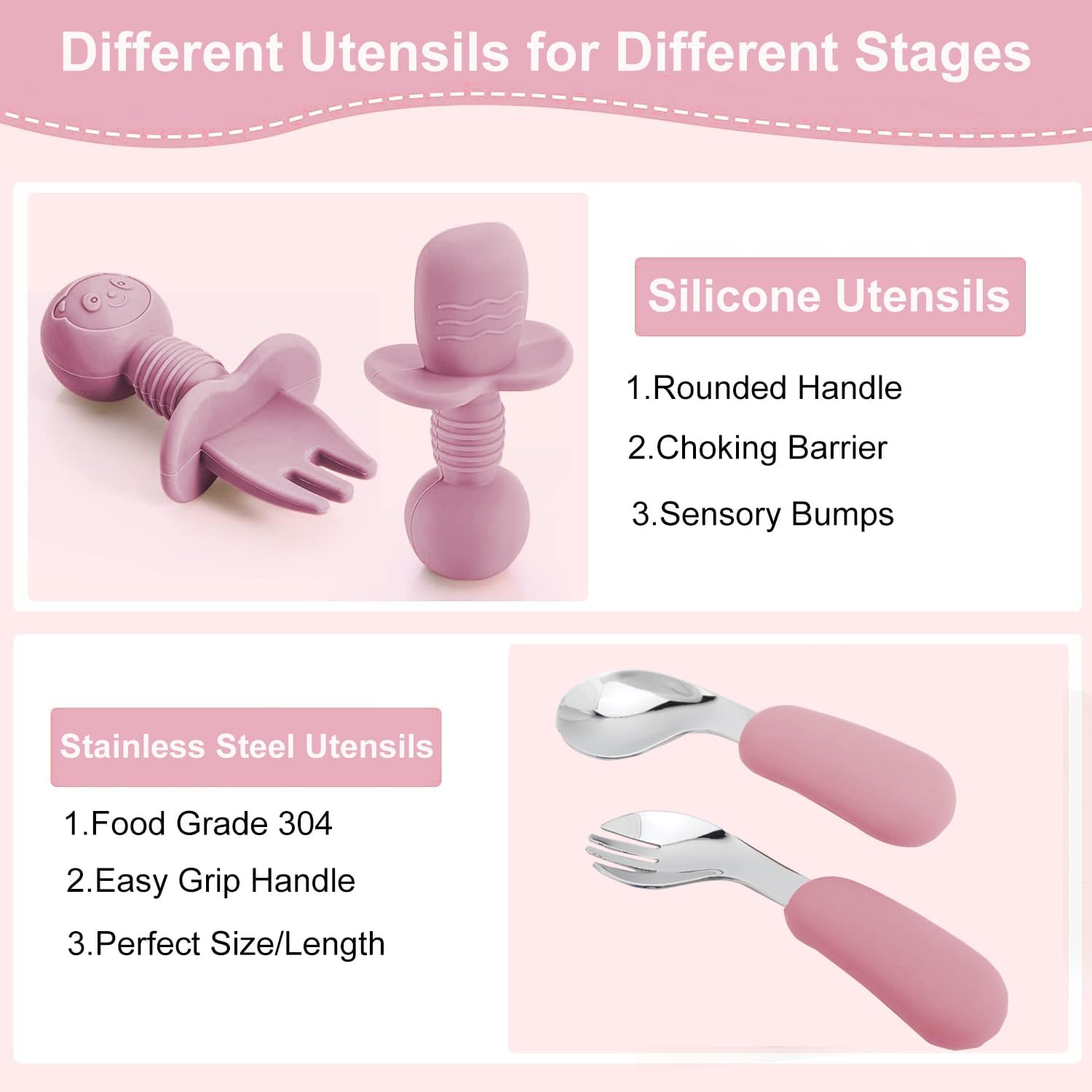 Mrkyy 8-Piece Silicone Baby Feeding Set for 6 Months Deep Pink