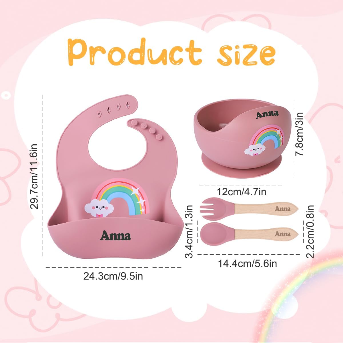 TYRYHU Personalized Silicone Baby Feeding Set with Name Pink