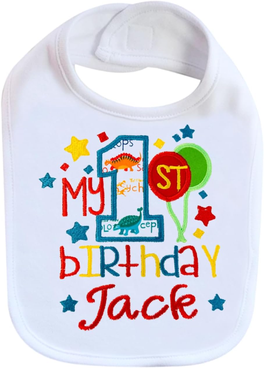 First Birthday Boy Bib White Bib with Turquoise Dino Embroidery