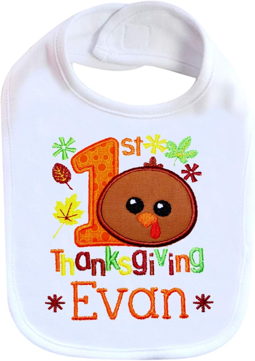 Embroidered Thanksgiving Turkey Bib with Custom Name for Baby