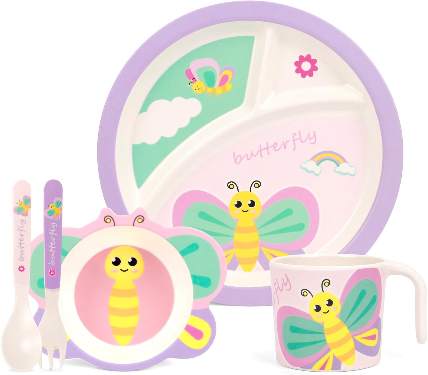 Butterfly Kids Dinnerware Set 5 Pieces Non-BPA Bamboo Fiber